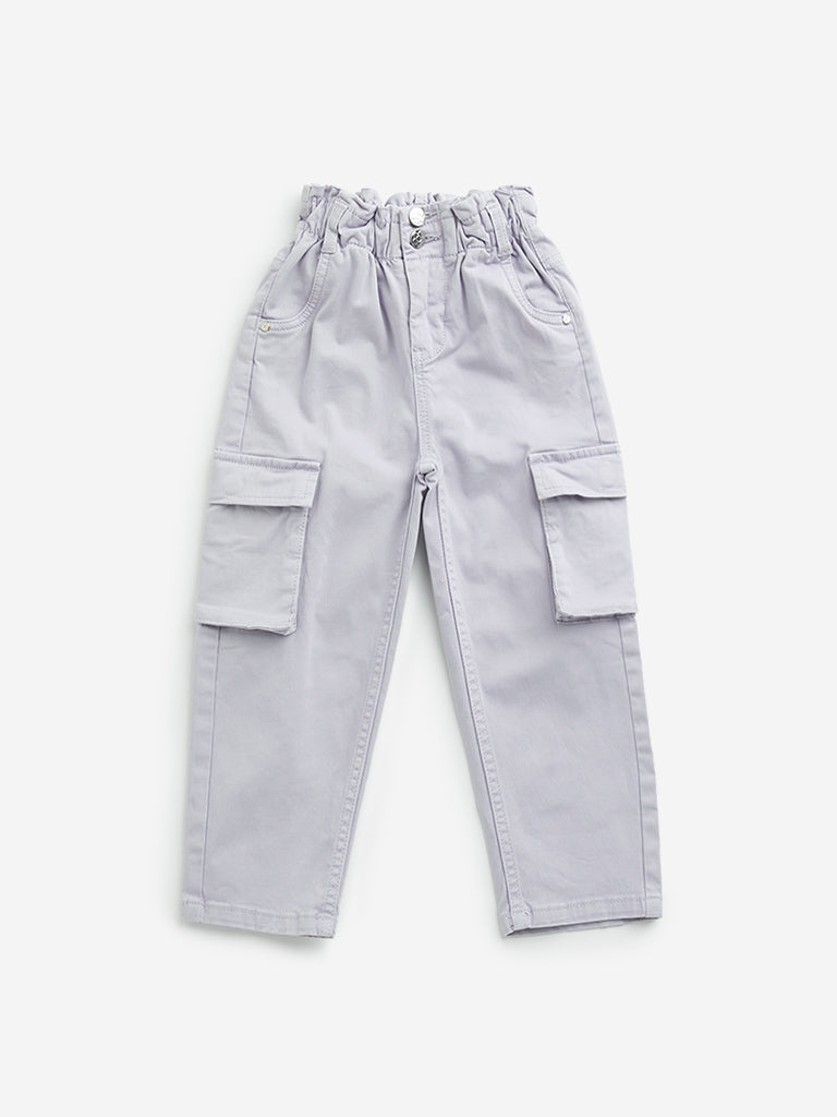 HOP Kids Lilac Paperbag-Waist High-Rise Cotton Trousers