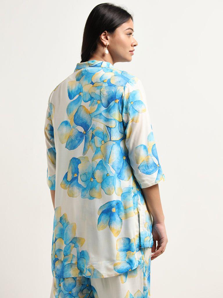 Diza Blue Floral Design High-Low Tunic