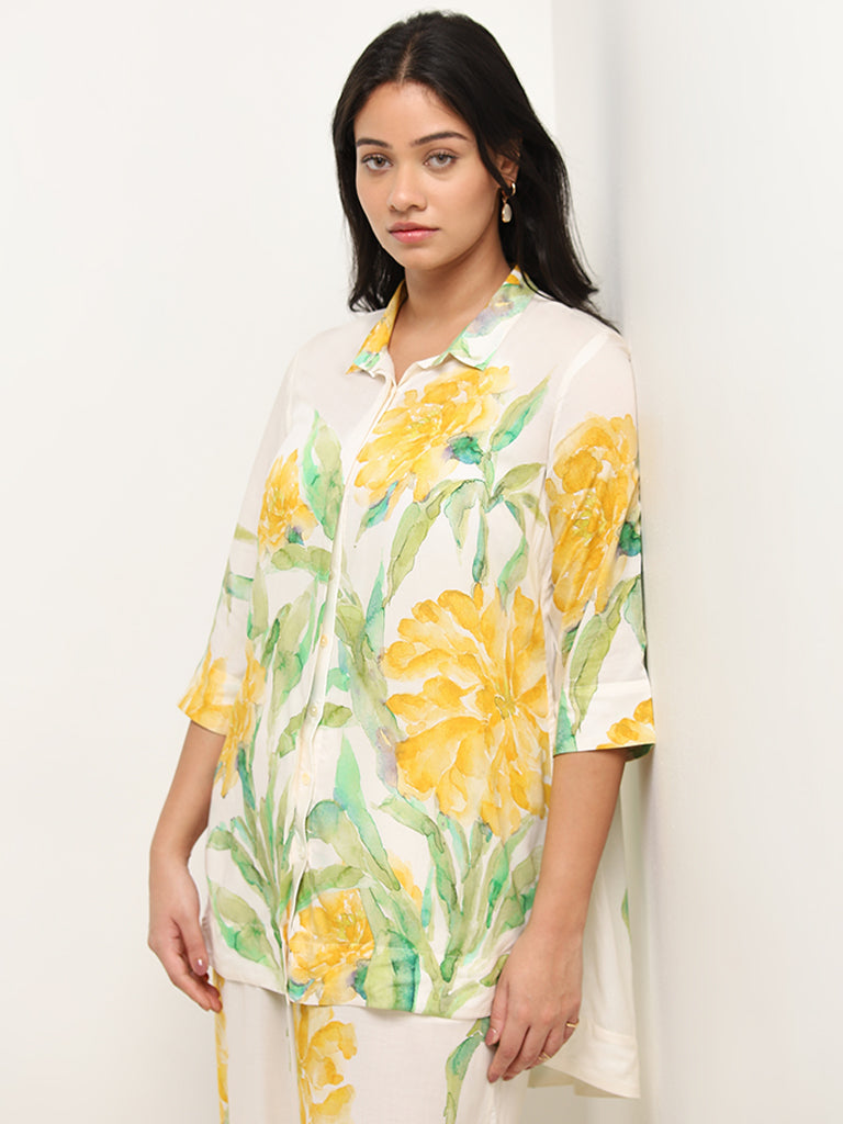 Diza Yellow Floral Printed High-Low Tunic