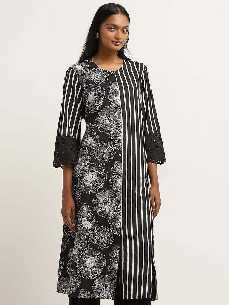 Utsa Black Striped and Floral Printed A-Line Cotton Blend Kurta