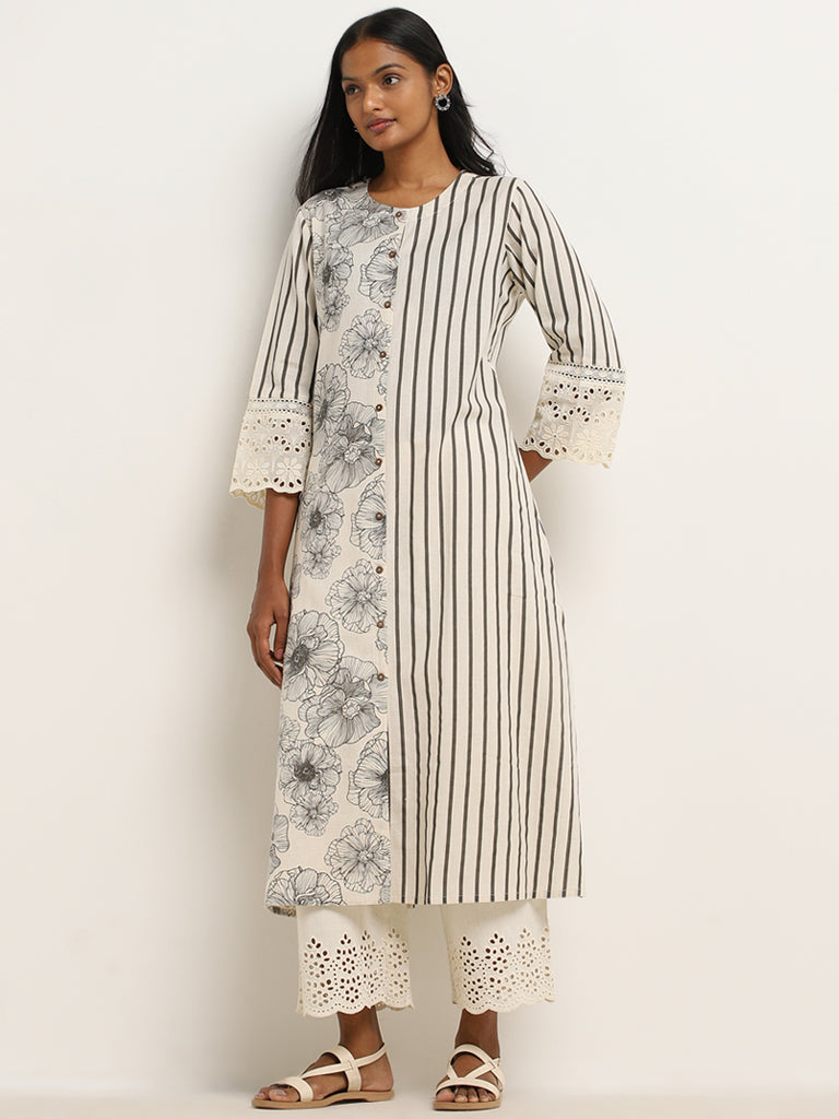 Utsa Beige Striped and Floral Printed A-Line Cotton Blend Kurta