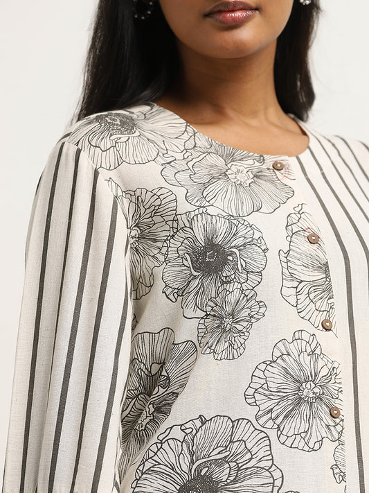 Utsa Beige Striped and Floral Printed A-Line Cotton Blend Kurta