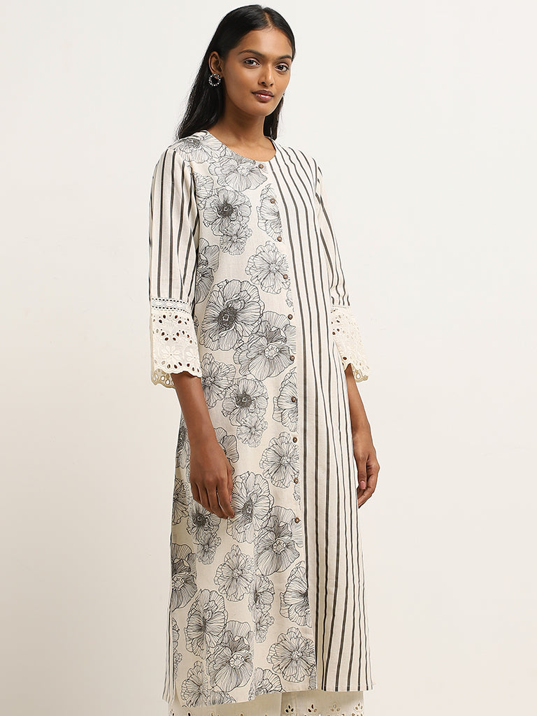 Utsa Beige Striped and Floral Printed A-Line Cotton Blend Kurta