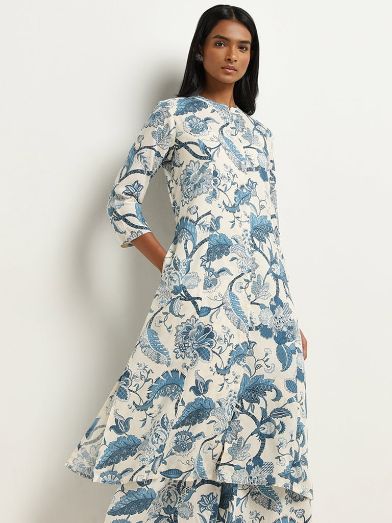 Utsa Blue Botanical Printed A-Line Kurta