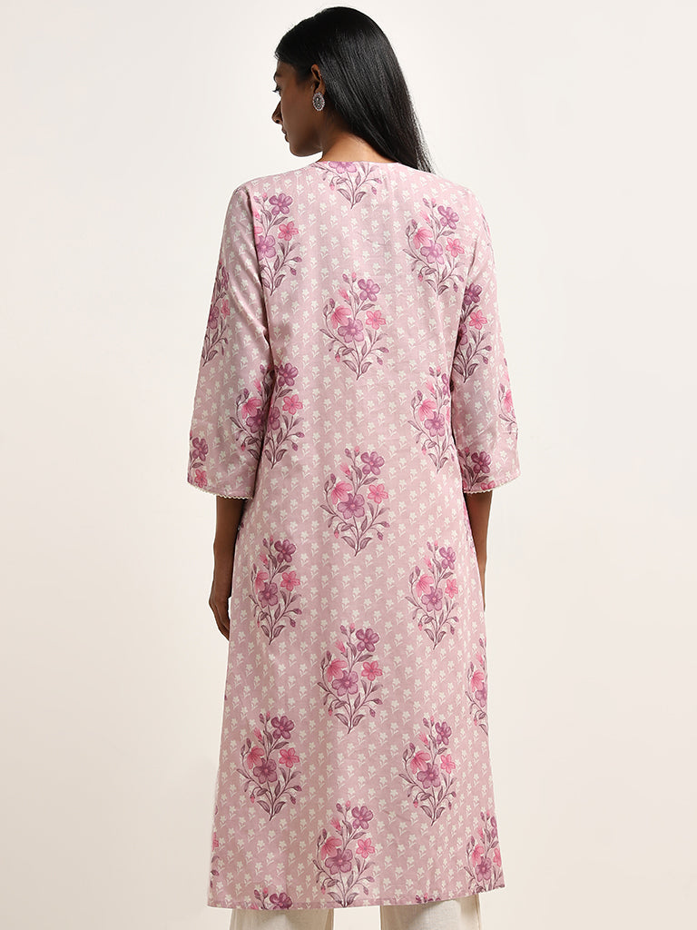 Utsa Lilac Floral Patterned A-Line Cotton Kurta