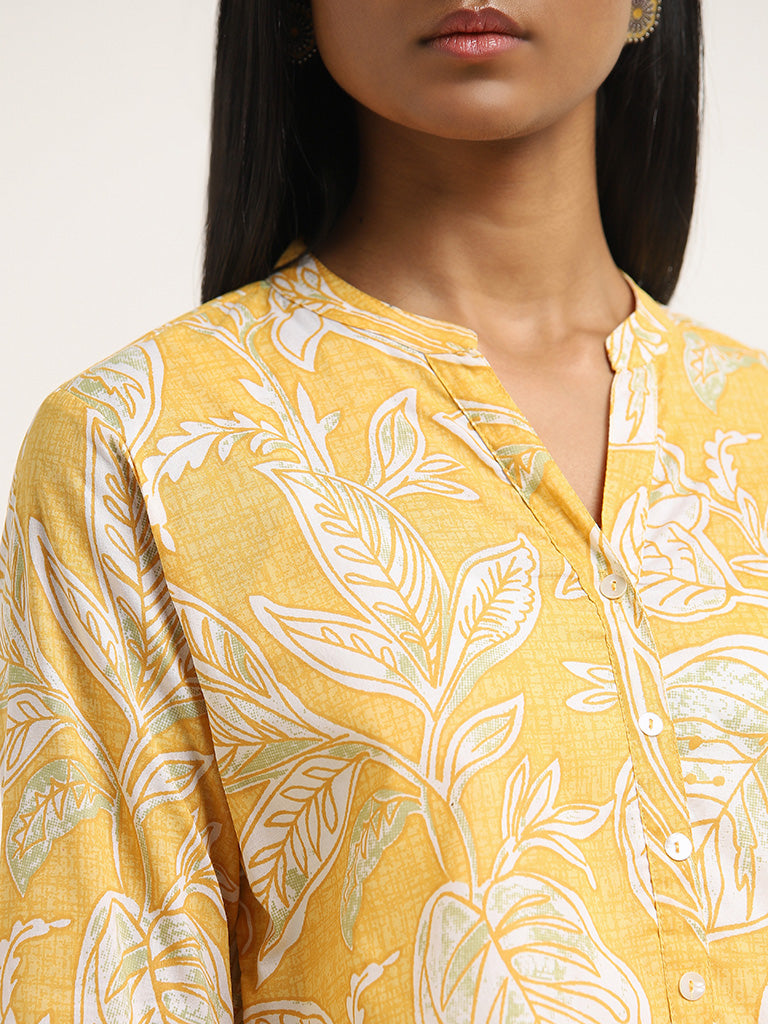 Utsa Yellow Leaf Patterned Straight Cotton Kurta