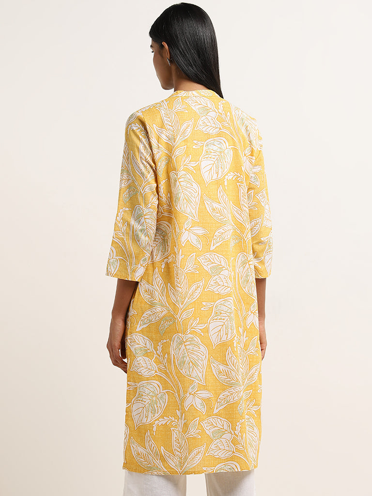 Utsa Yellow Leaf Patterned Straight Cotton Kurta