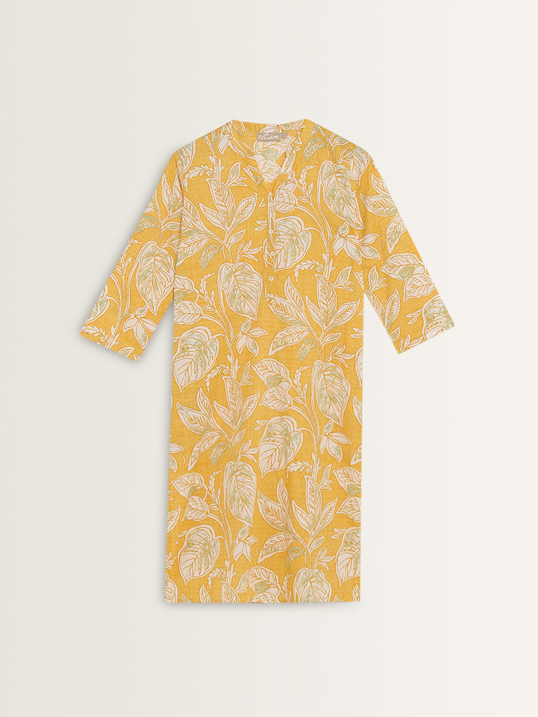 Utsa Yellow Leaf Patterned Straight Cotton Kurta