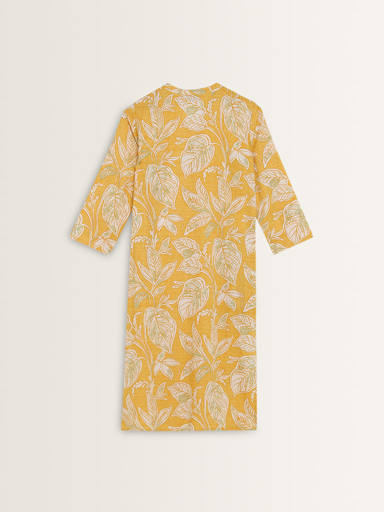 Utsa Yellow Leaf Patterned Straight Cotton Kurta