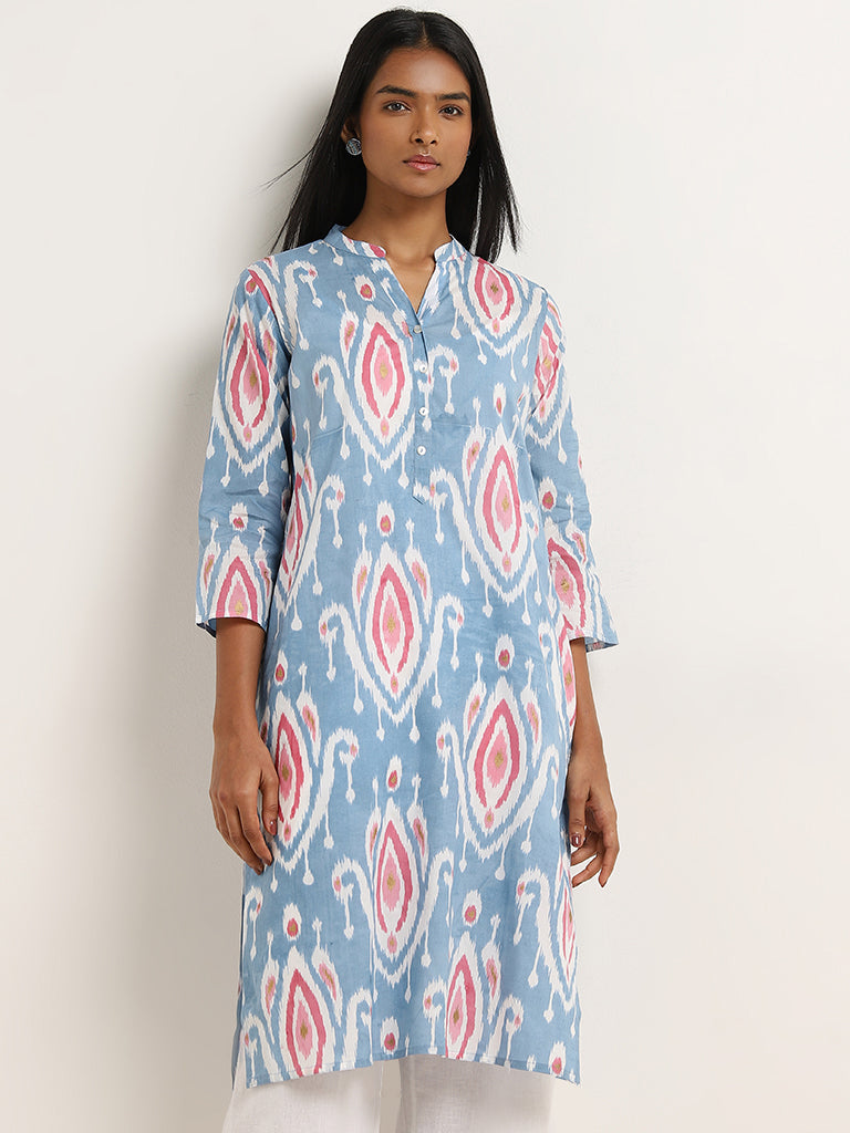 Utsa Blue Ikat Print Straight Cotton Kurta