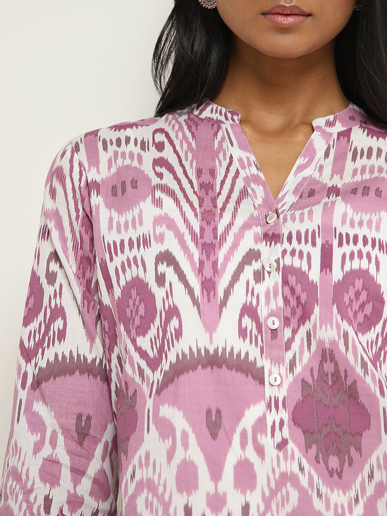 Utsa Lilac Ikat Printed Straight Cotton Kurta