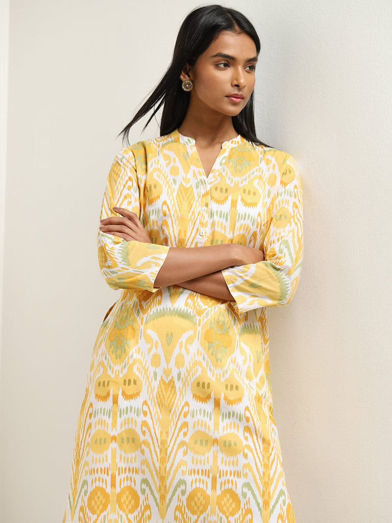 Utsa Yellow Ikat Pattern Straight Cotton Kurta