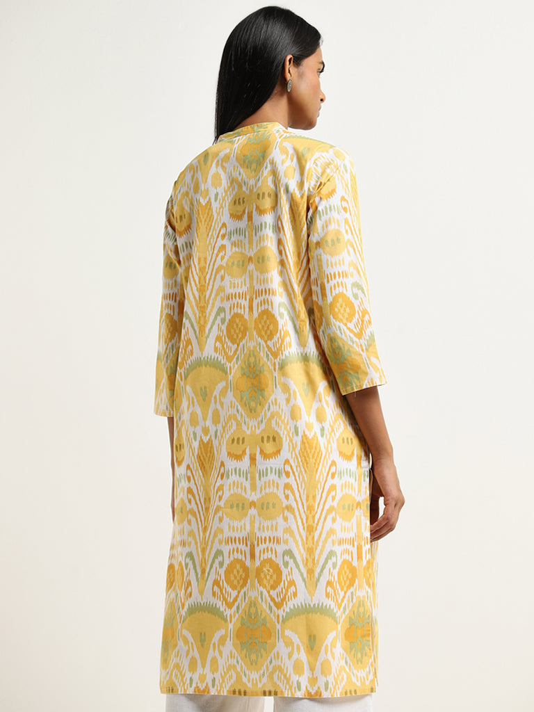 Utsa Yellow Ikat Pattern Straight Cotton Kurta