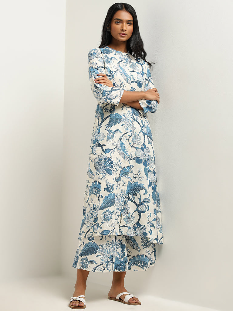 Utsa Blue Botanical Design Mid-Rise Palazzos