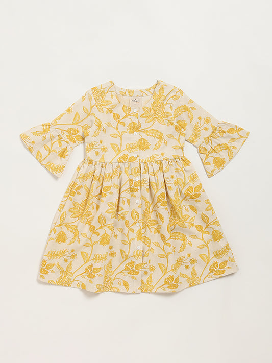 Utsa Kids Mustard Floral Print Button-Down Dress (2 - 8yrs)