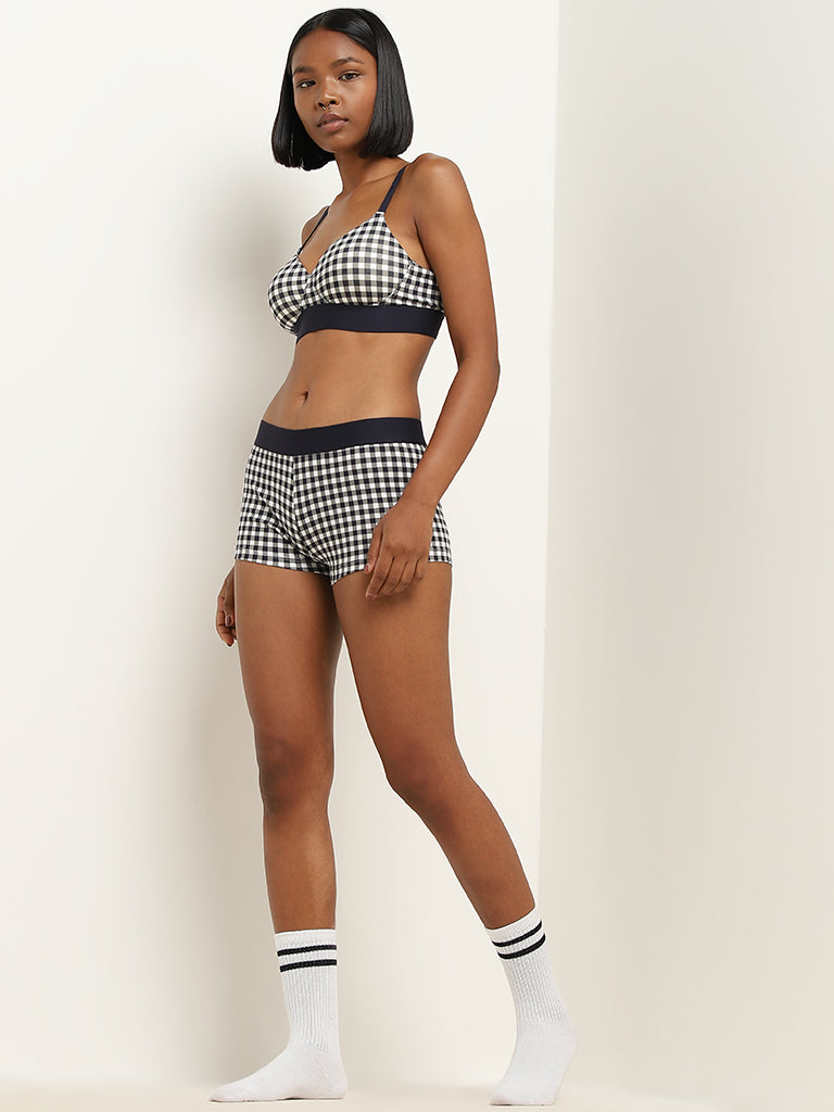 Superstar Navy Checkered Boy Shorts Cotton-Blend Brief