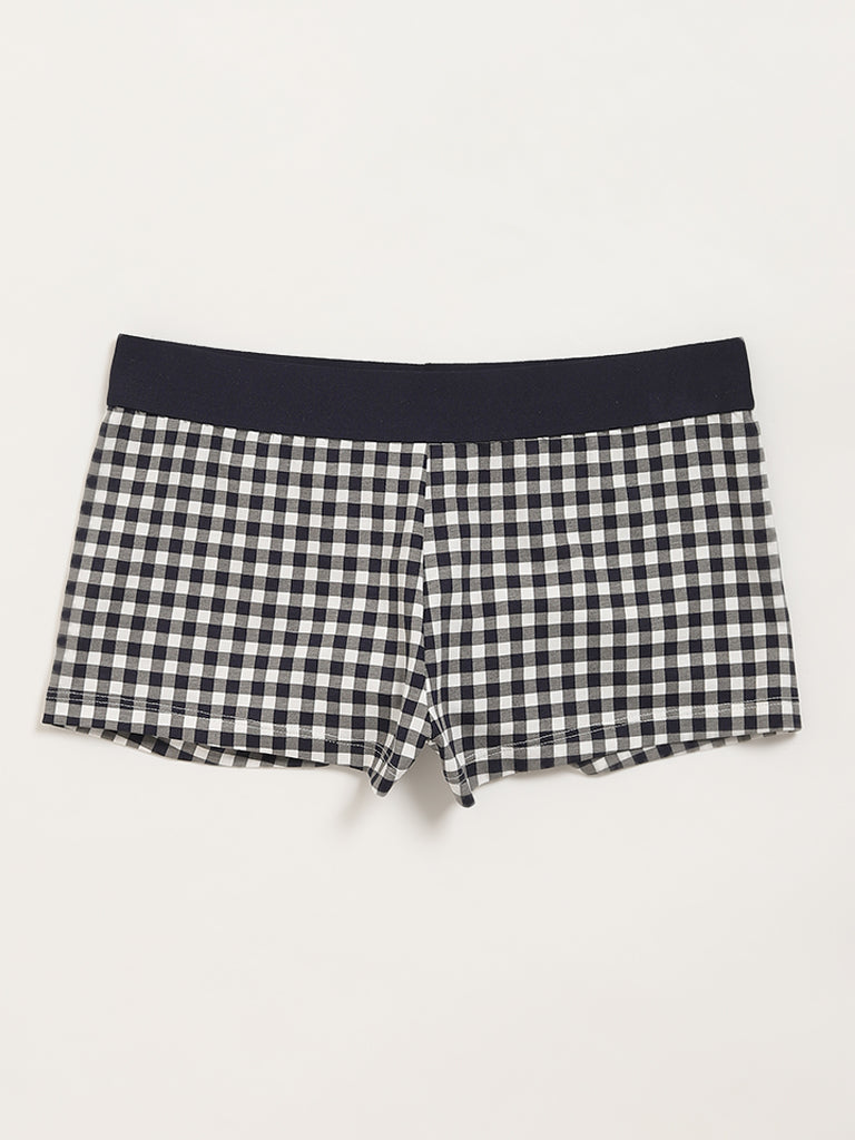 Superstar Navy Checkered Boy Shorts Cotton Blend Brief