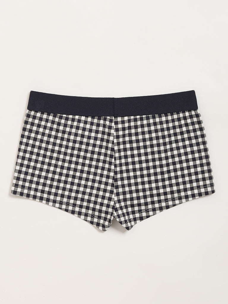 Superstar Navy Checkered Boy Shorts Cotton-Blend Brief