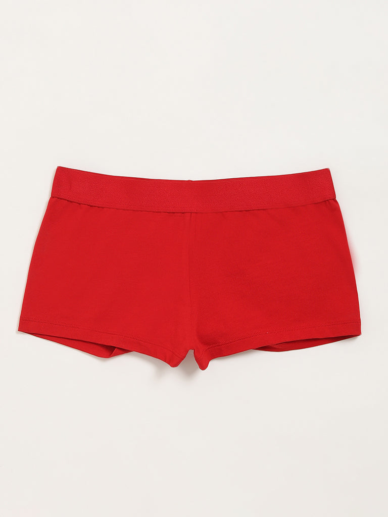 Superstar Red Solid Boy Shorts Cotton Blend Brief