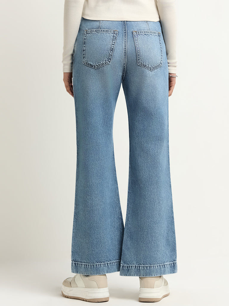 Nuon Blue Cotton Wide Leg Fit Mid Rise Denim Jeans