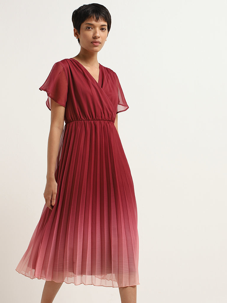 Buy Wardrobe Maroon Pleated A Line Dress from Westside