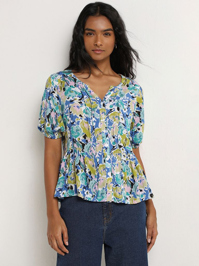 Buy LOV Multicolour Floral Printed Cotton Peplum Blouse from Westside