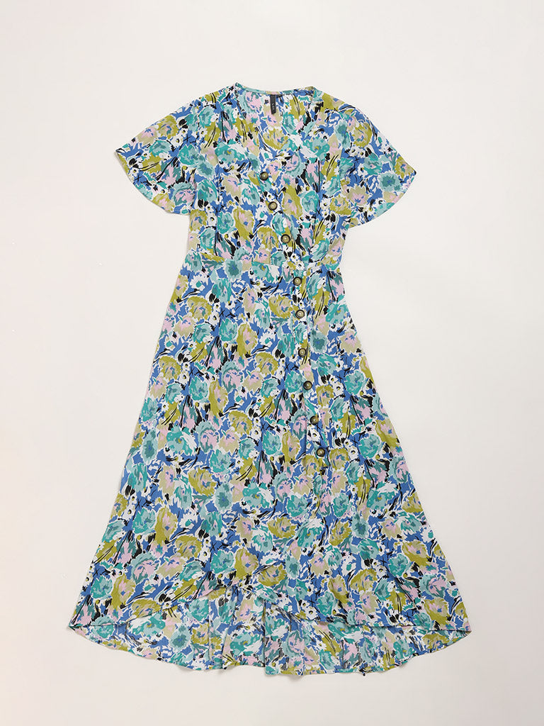 LOV Multicolour Floral Printed Cotton Asymmetric Dress