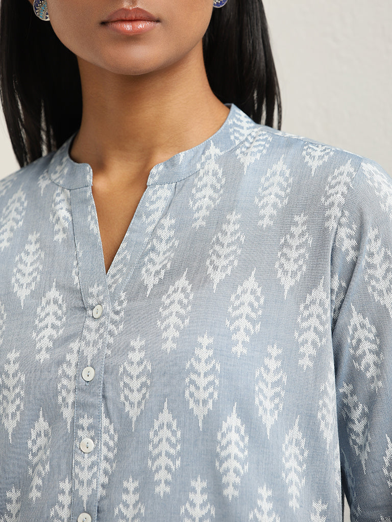 Utsa Dusty Blue Leaf Pattern Straight Kurti