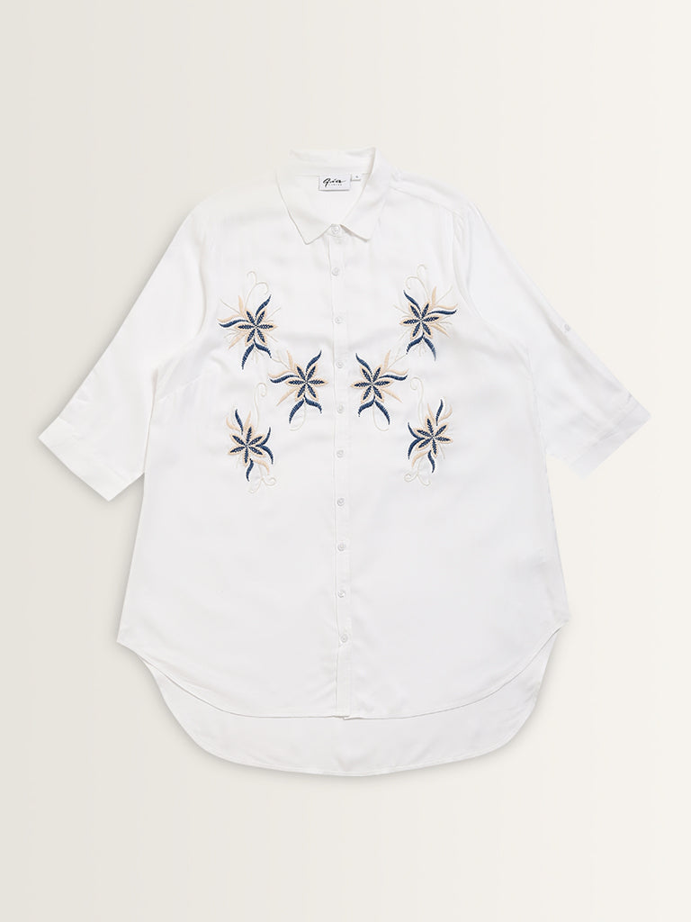 Gia White Floral Embroidered Cotton High-Low Shirt