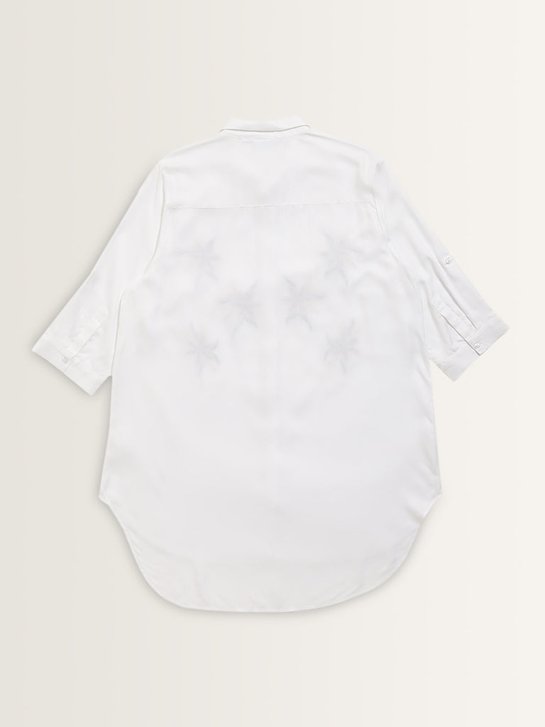 Gia White Floral Embroidered Cotton High-Low Shirt