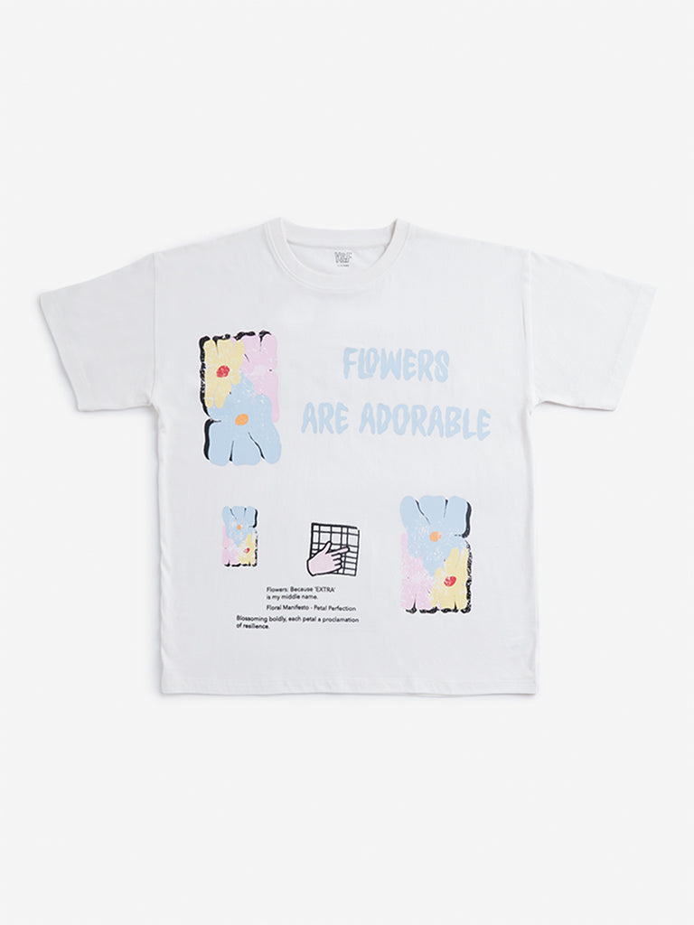 Y&F Kids Off White Embossed Slogan Print Cotton T-Shirt