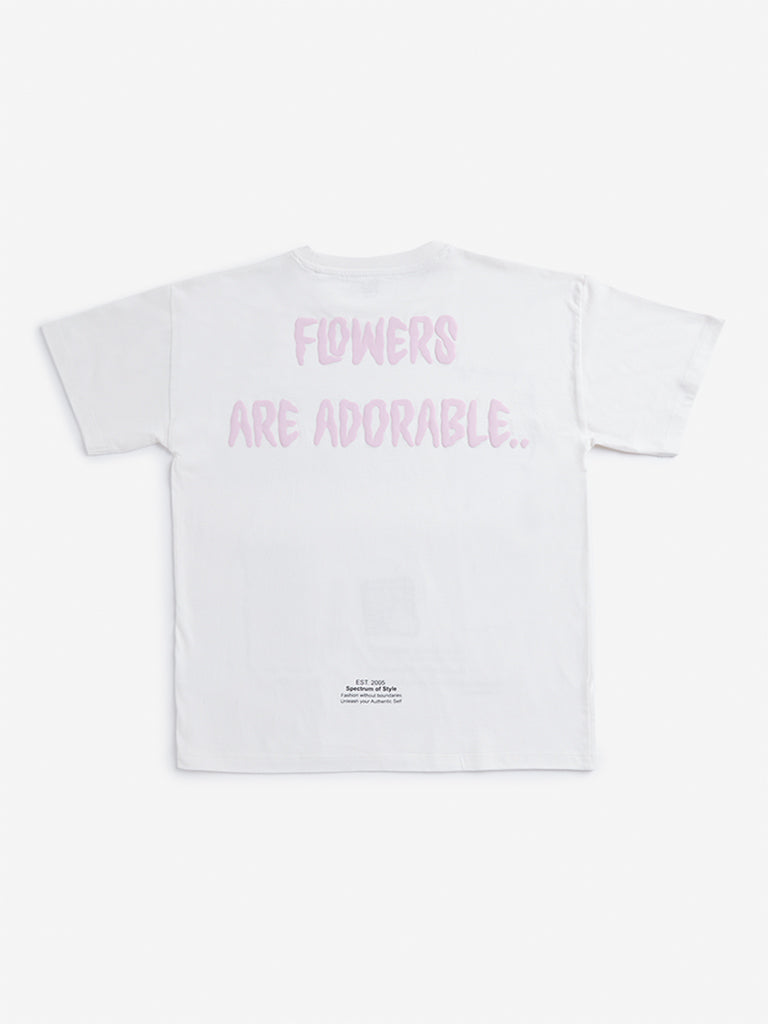 Y&F Kids Off White Embossed Slogan Print Cotton T-Shirt