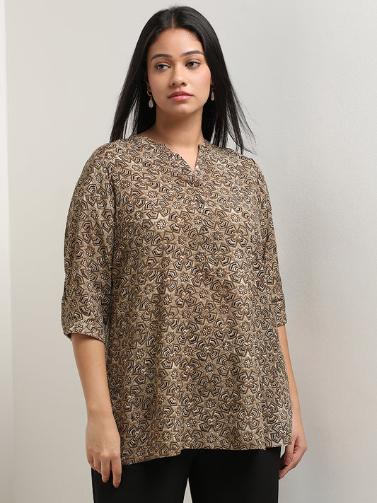 Diza Taupe Abstract Printed Straight Tunic