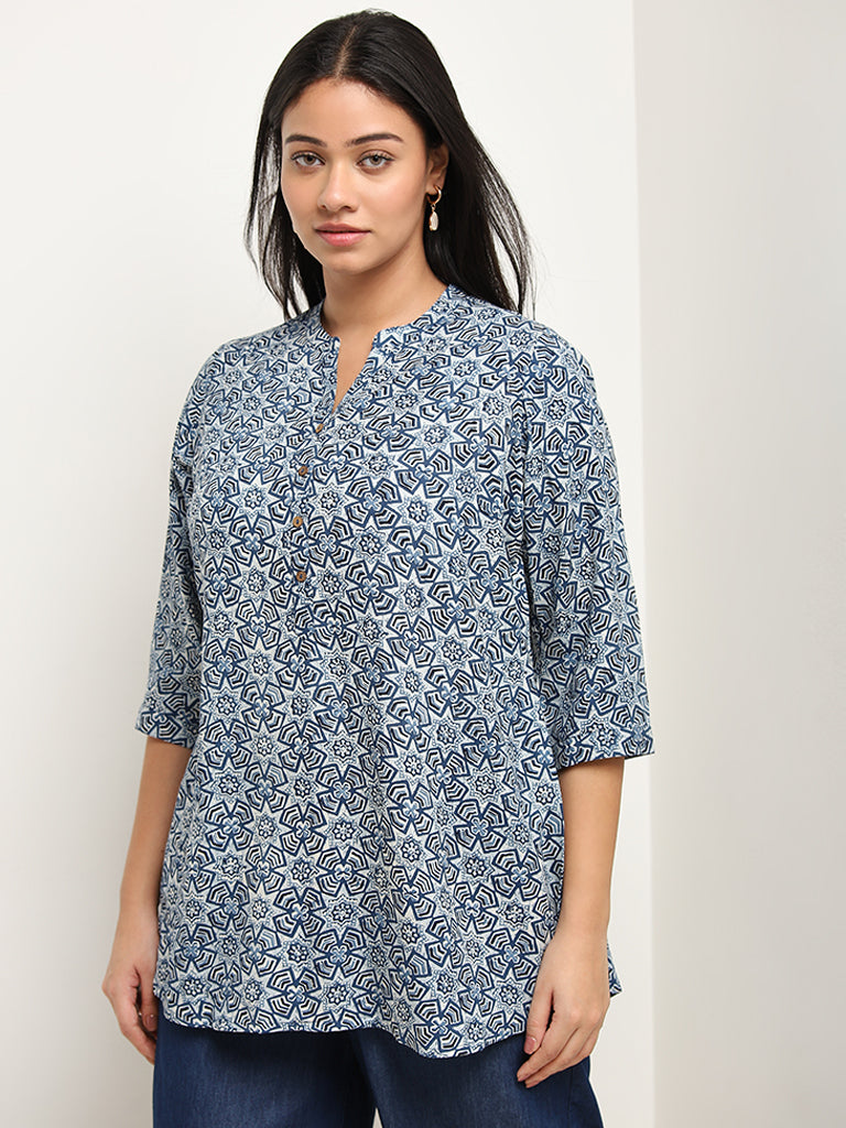 Diza Indigo Geometric Printed Straight Kurti