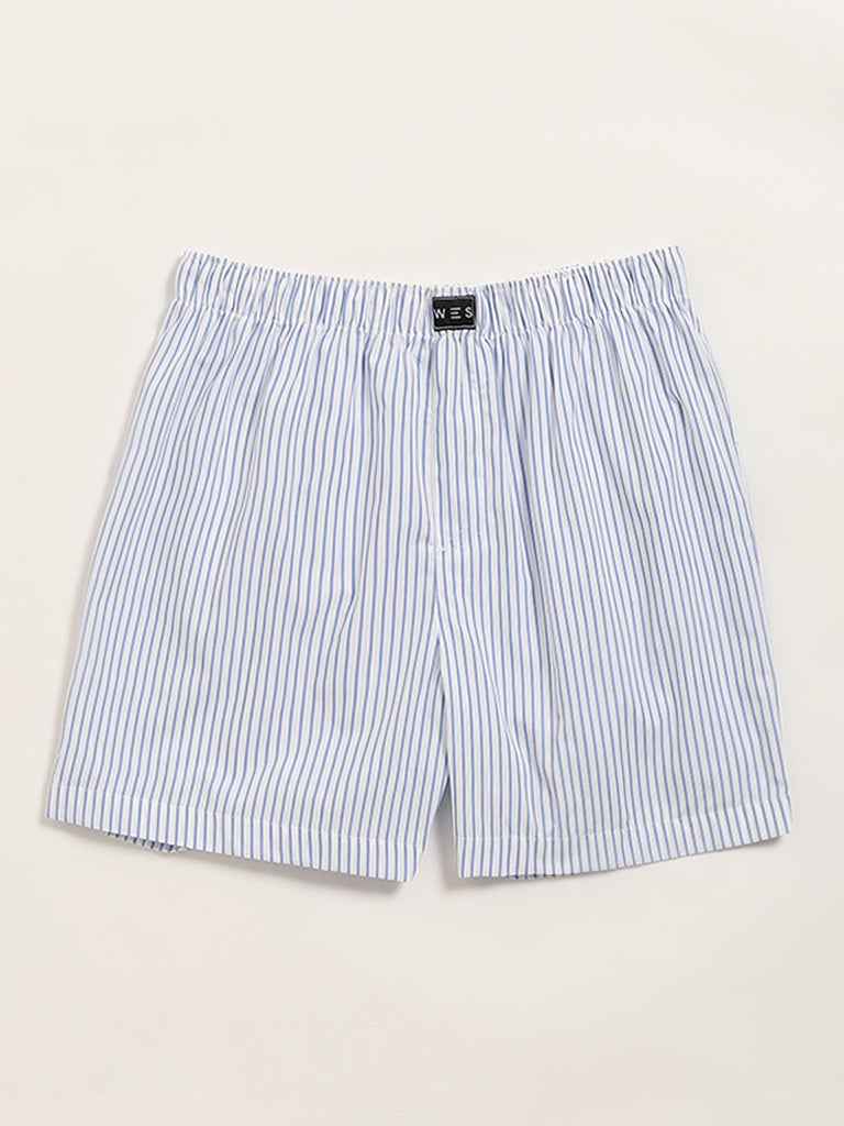 WES Lounge Blue Striped Relaxed-Fit Cotton Boxers - Pack of 2