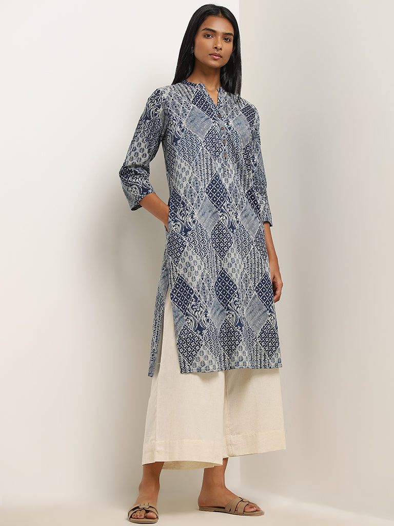 Utsa Navy Abstract Printed Straight Cotton Kurta