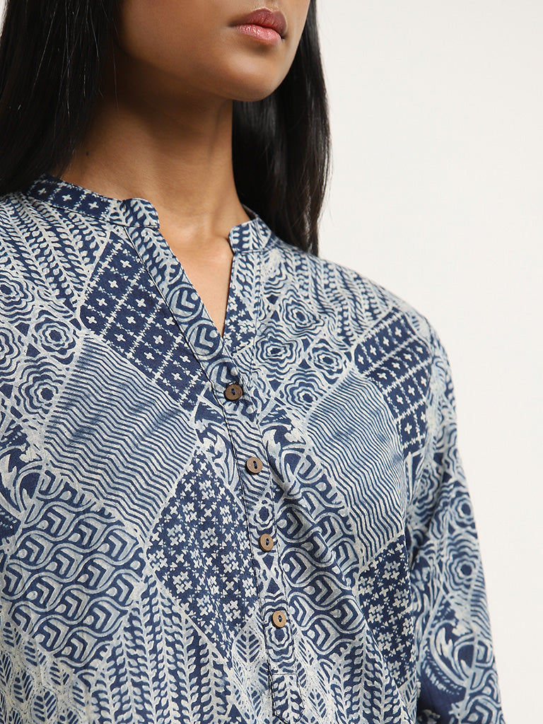 Utsa Navy Abstract Printed Straight Cotton Kurta