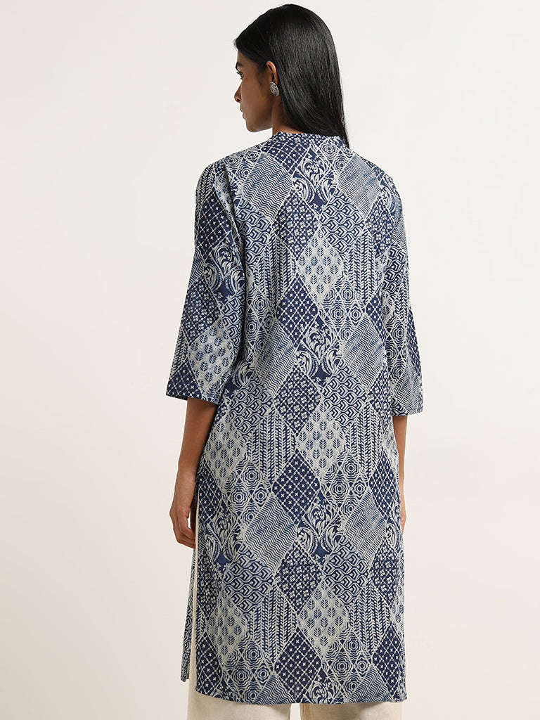 Utsa Navy Abstract Printed Straight Cotton Kurta