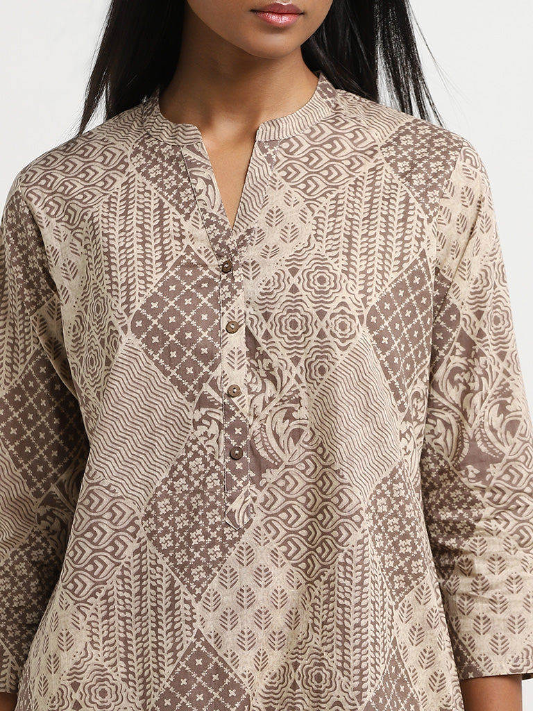 Utsa Light Taupe Abstract Design A-Line Kurta