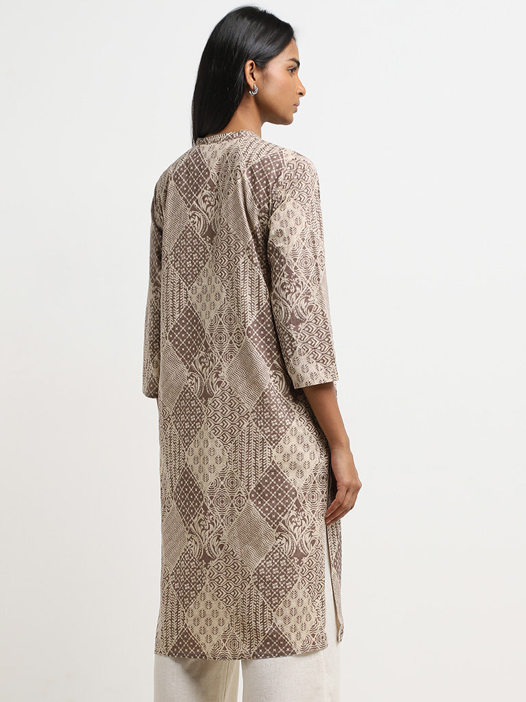 Utsa Light Taupe Abstract Design A-Line Kurta