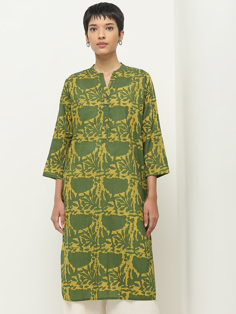 Utsa Olive Abstract Printed Straight Cotton Kurta