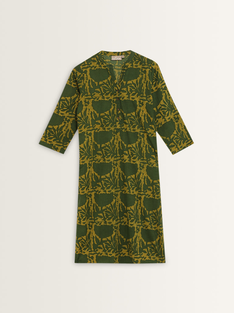 Utsa Olive Abstract Printed Straight Cotton Kurta