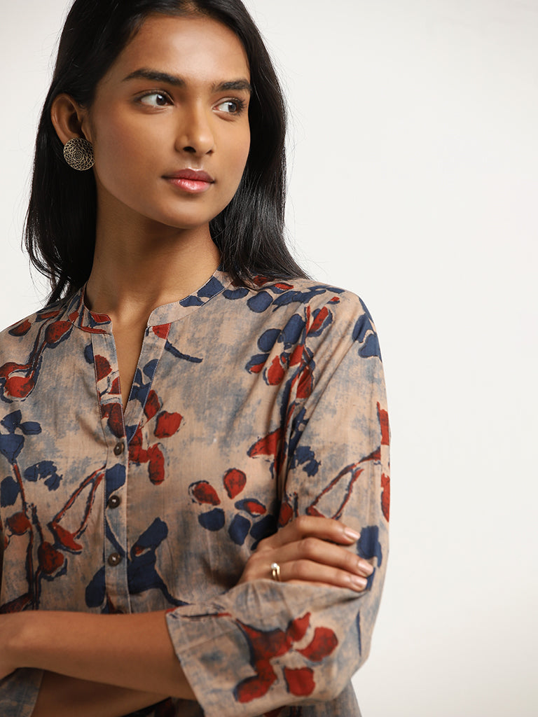 Utsa Taupe Floral Design Straight Kurta