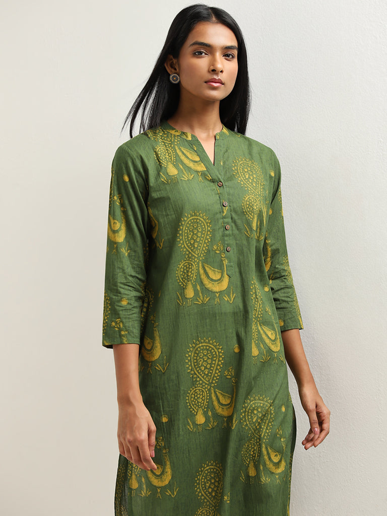 Utsa Light Olive Peacock Butta Print Straight Cotton Kurta