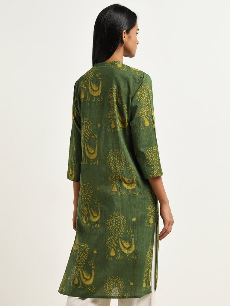 Utsa Light Olive Peacock Butta Print Straight Cotton Kurta