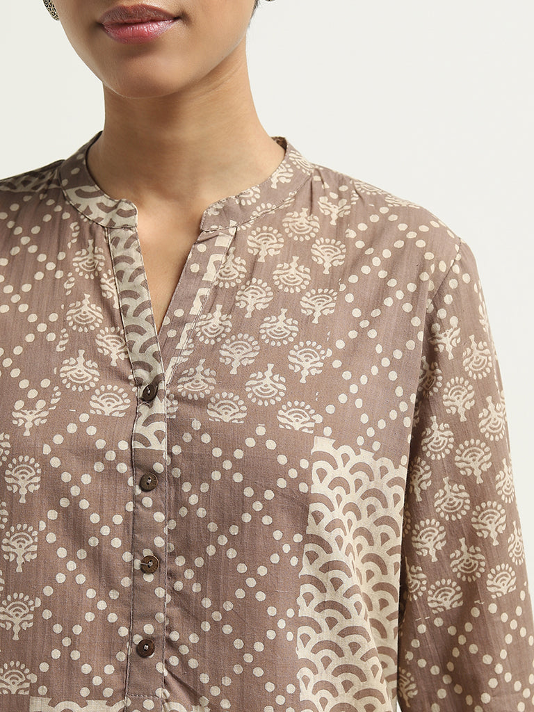 Utsa Taupe Patch Printed Straight Cotton Kurta