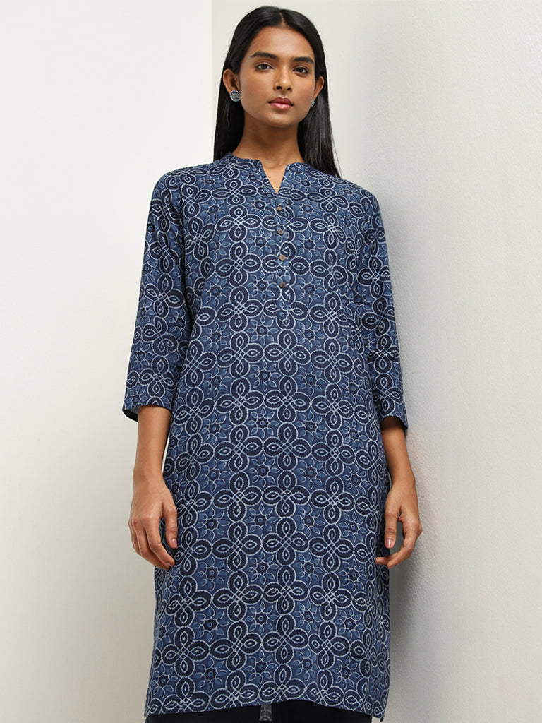 Utsa Indigo Rangoli Block Printed Straight Cotton Kurta