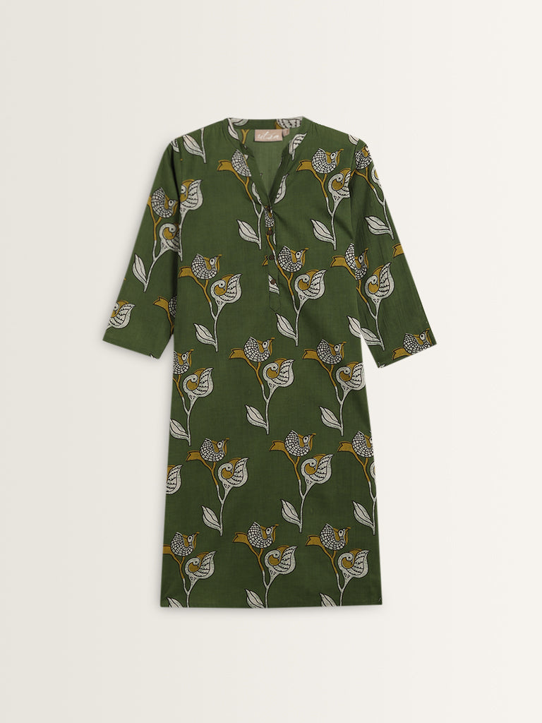 Utsa Green Bird Printed Straight Cotton Kurta