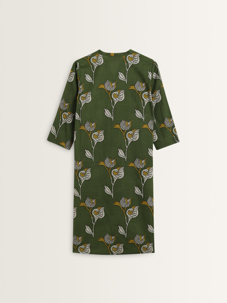 Utsa Green Bird Printed Straight Cotton Kurta