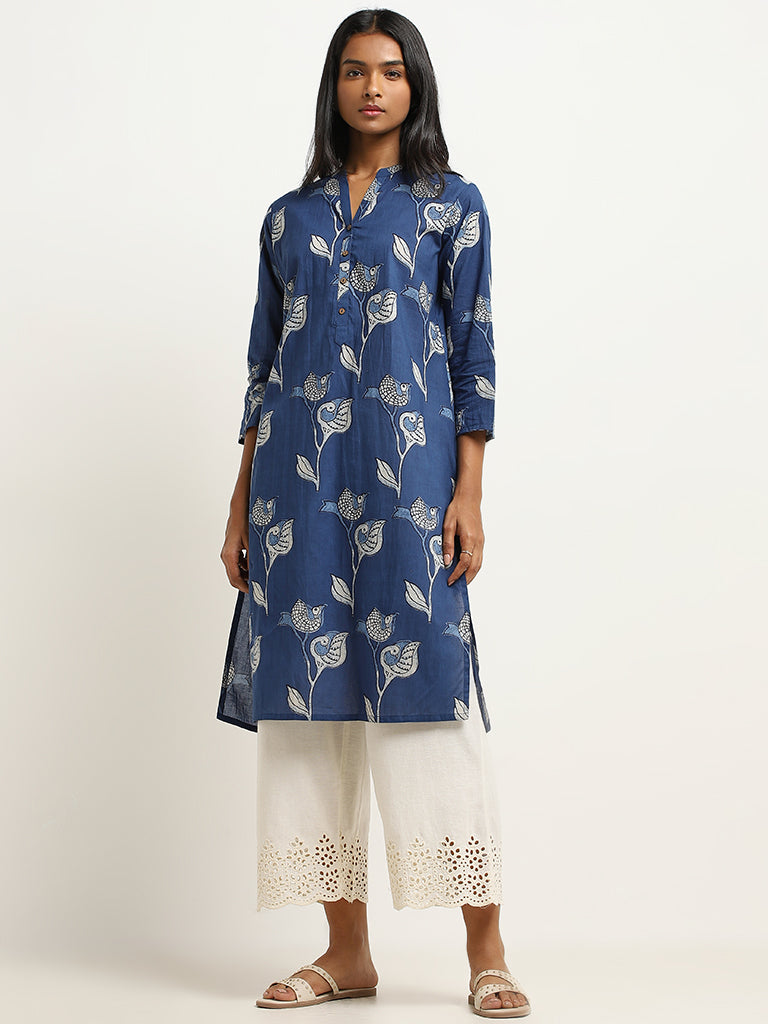 Utsa Indigo Surkhab Printed Straight Cotton Kurta